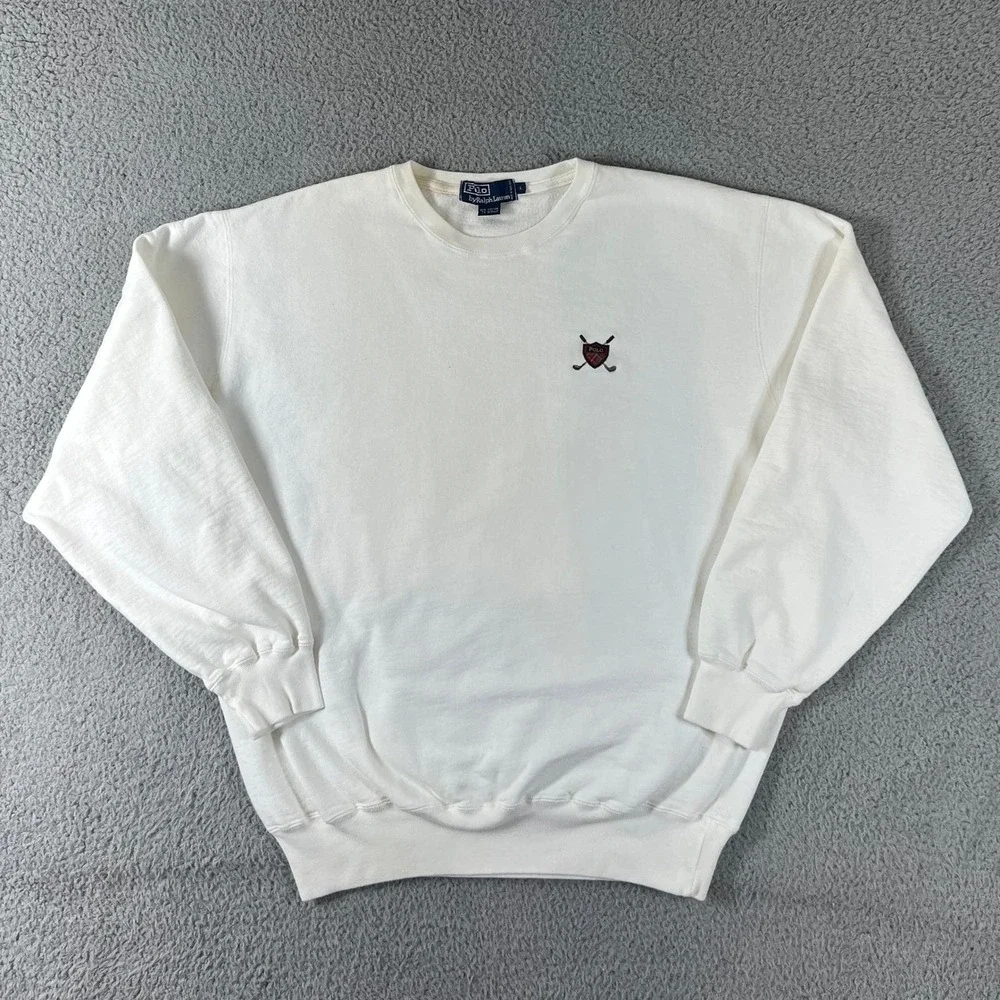 Polo Ralph Lauren Sweatshirt Men's L White Golf Crest Embroidered Crewneck VTG
